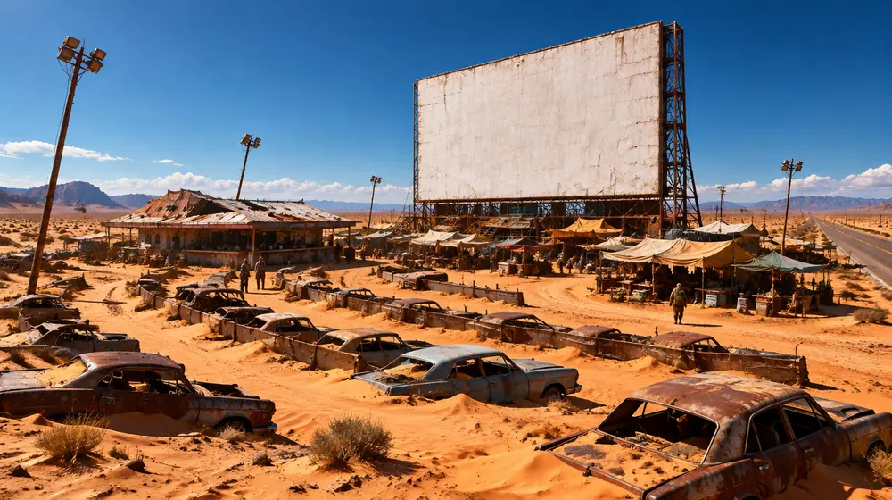 Drive-In 9: layar bioskop putih raksasa yang retak, baris mobil terkubur pasir, tenda pasar