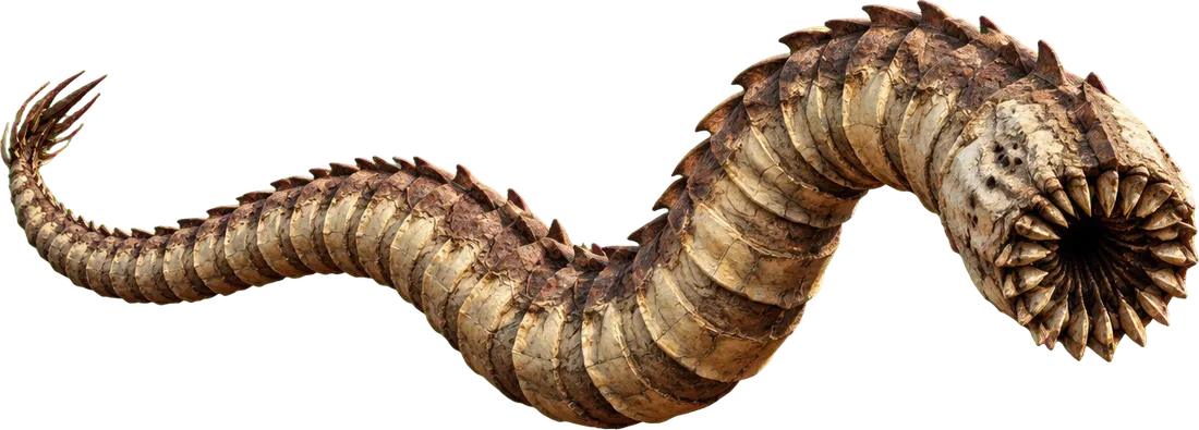 Dustwyrm: cacing pasir raksasa berpelat krem dan cokelat, melengkung seperti huruf S, mulut bundar penuh gigi di kanan